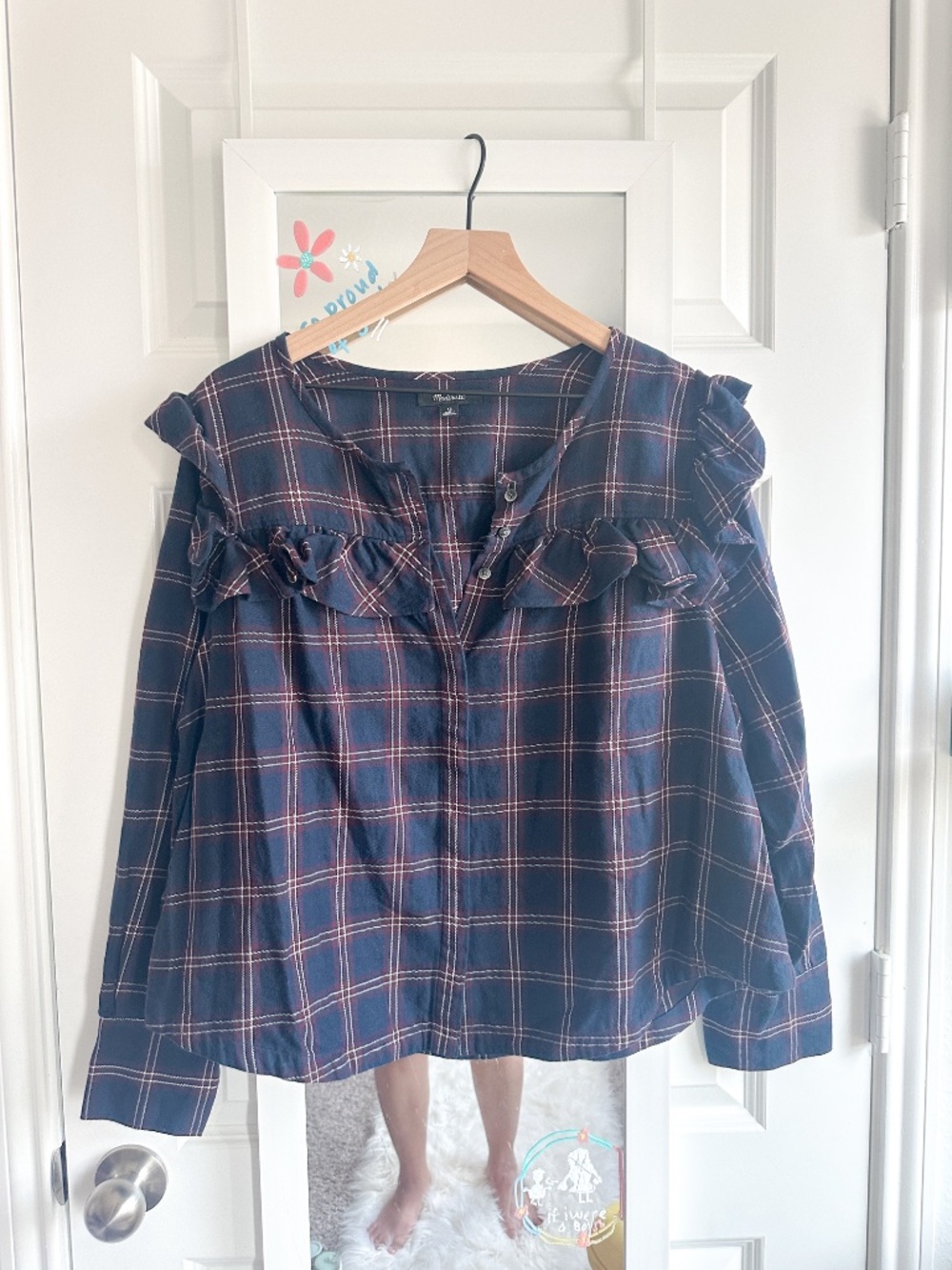 Madewell Size XL Navy Burgundy Plaid Ruffle Front Button Down Blouse